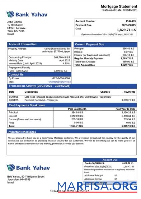 Realistic Israel Bank Yahav mortgage statement Word and PDF template